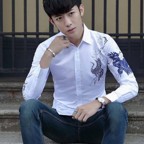 襯衫 秋冬季襯衫男長袖青少年西裝打底襯衣發型師印花職業正裝工作服潮〖夢露時尚女裝〗