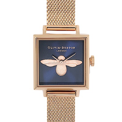 Olivia Burton 英倫復古手錶 3D立體蜜蜂方形錶盤 玫瑰金米蘭金屬錶帶23mm