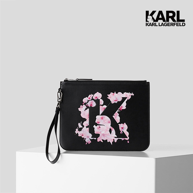 【KARL LAGERFELD】花卉K字剪影手拿包-黑 (原廠公司貨)