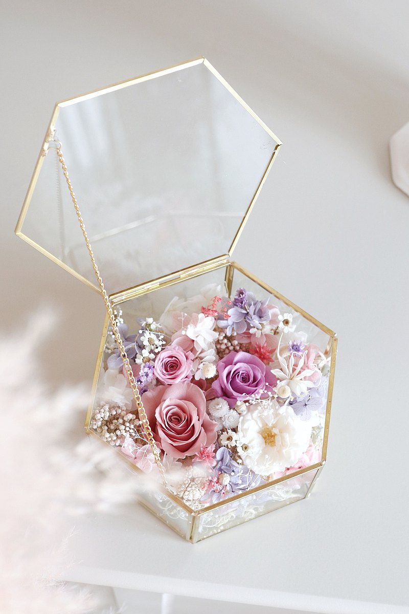 永生玫瑰玻璃六角珠寶盒 粉紫色系