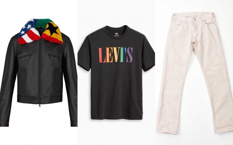 喜歡他的造型你可以這樣搭。LV可拆式國旗毛皮嵌花衣領飛行員外套／276,000元、LEVI’S Pride平權系列黑色Logo短T／1,290元、45R米白色牛仔褲／16,200元（圖／品牌提供）