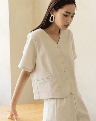 無領排扣棉麻西裝外套(work collection)-Meierq