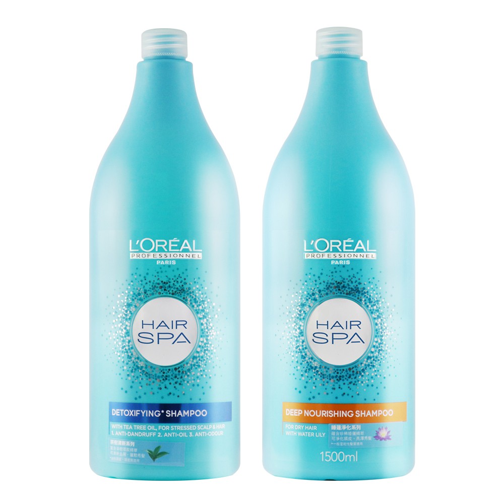 【商品規格】品牌：LOREAL萊雅品名：Hair SPA 洗髮精 兩款可選規格/容量：1500ml●Hair SPA睡蓮淨化洗髮乳 (乾性髮質適用)●Hair SPA茶樹清新洗髮精 (油性髮質適用)保