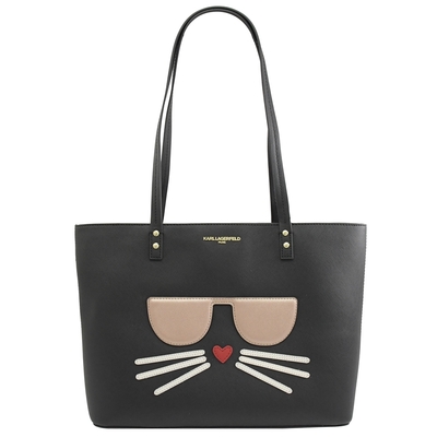 KARL LAGERFELD金屬LOGO立體墨鏡貓咪托特包(黑)