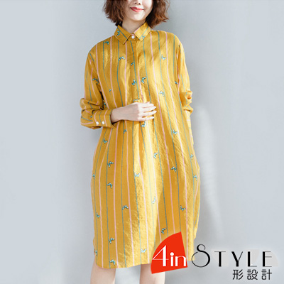 圓領豎條紋拼接蝴蝶長袖洋裝 (共二色)-4inSTYLE形設計