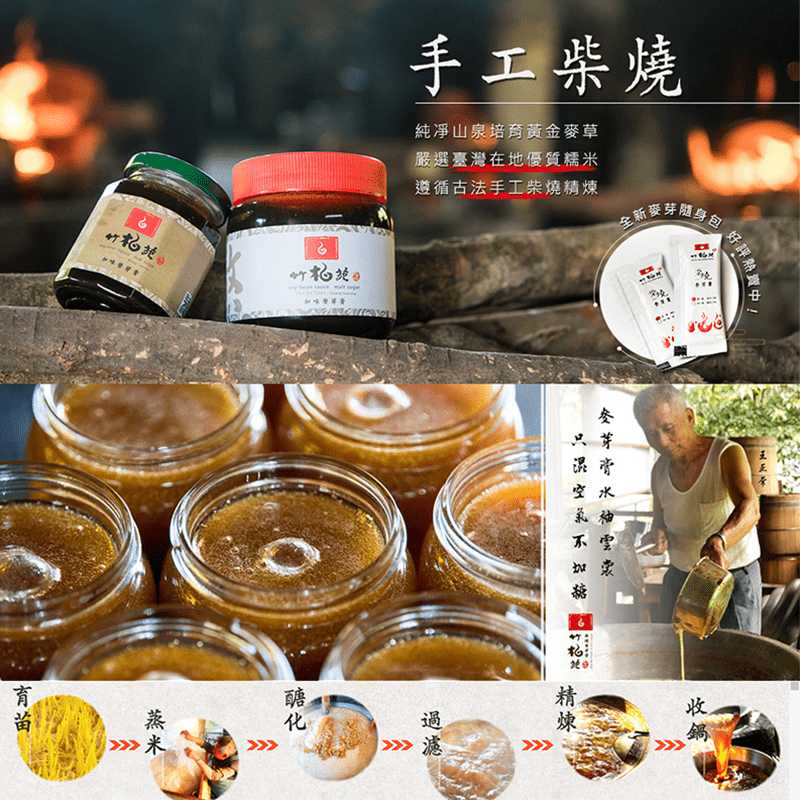 濃濃的麥芽膏，帶來一股懷舊的情感～石碇竹柏苑-柴燒麥芽膏，以小麥草配上台灣優良的糯米，採用傳統古法來製作，無任何添加物、不含防腐劑，為最天然的食品，廣受歡迎的好滋味～現有原味、加味兩種任您挑選！