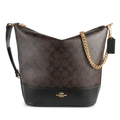COACH Paxton Duffle防刮拼接荔枝皮紋肩斜背兩用水桶包-深咖/黑色