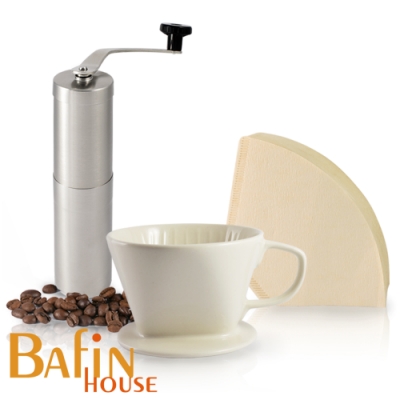 日本三洋 101 咖啡濾紙100張 & Bafin House 陶瓷濾杯及不鏽鋼磨豆機組
