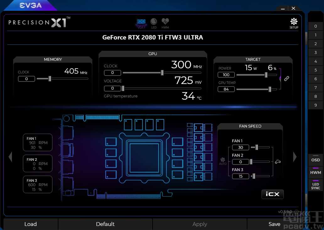 Precision X1 軟體右側 0～9 分別為設定檔快速切換按鈕，下方 OSD、HWM、LED Sync 按鈕紫色燈亮起，表示該功能啟動中