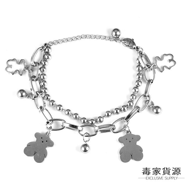 小熊手鏈不銹鋼土酷女孩朋克雙層小熊軟糖鏤空圓珠鏈情侶鏈條手鏈