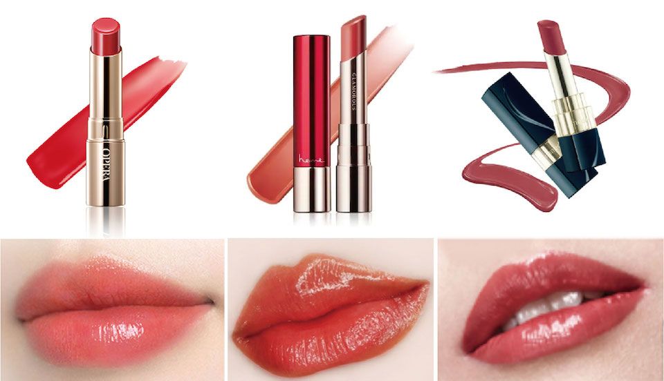 面試必勝妝唇膏推薦: OPERA渲漾水色唇膏-01蜜紅，NT380 / heme 精萃水亮唇膏 -02，NT330 / media媚點水灩光唇膏RD-01，NT320