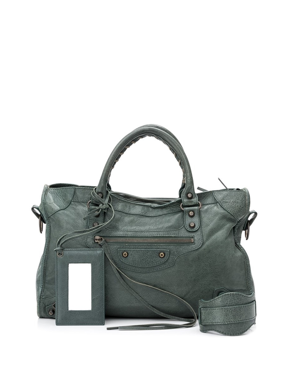 外觀 -復古手工小羊皮皮革 -老式黃銅配件 -雙鞭子縫製的提手，可拆卸肩帶 -雙向拉鍊頂部開合 -1個拉鍊袋 -經典鉚釘 內部 -面料襯裡 -1個拉鍊袋 -可拆卸皮革鏡框手鏡 -設計師牌匾 條件 -皮