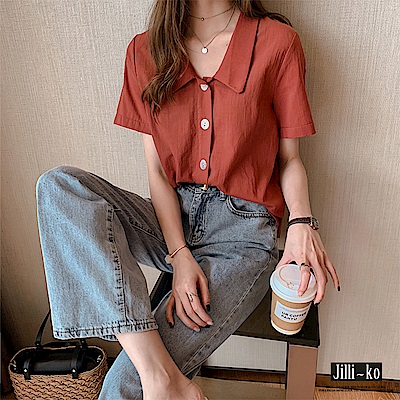JILLI-KO 中圓釦純色寬襯衫- 深綠/紅