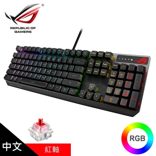 ROG RX 光學機械軸品名 / 規格：【ASUS 華碩】ROG Strix Scope RX RGB 光學機械鍵盤 紅軸 特色：RGB燈光/為 FPS 而生特色：USB 2.0 連接埠/ 巨集、管理