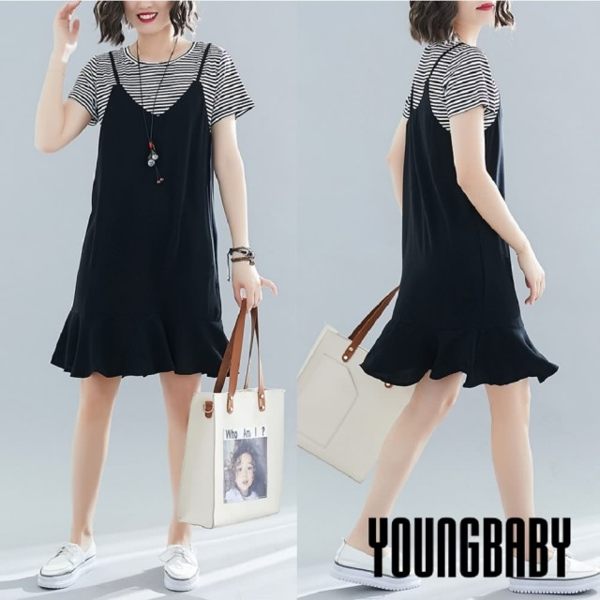 條紋上衣拼接雪紡假兩件式洋裝(黑)