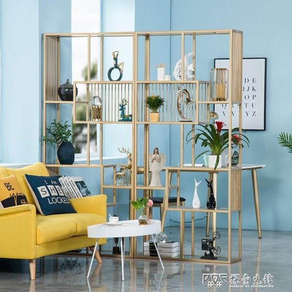 玄關屏風鐵藝置物架屏風隔斷簡約現代北歐風金色大理石咖啡廳奶茶店展示架ATF 探索先鋒