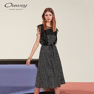 OUWEY歐薇 睫毛蕾絲剪接圓點長洋裝(黑)