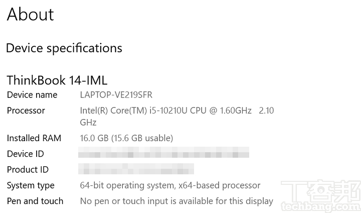 此款 ThinkBook 14 採用 Intel Core i5-10210U 處理器，配上 16GB 記憶體。