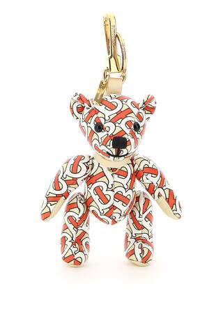 Burberry leather charm with all-over TB monogram motif. Gold-tone metal key ring and snap hook with