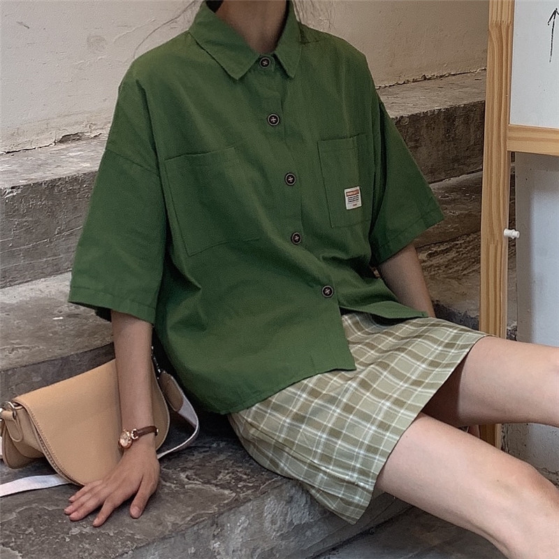 襯衫 短袖襯衫 韓版 男友風 襯衣 休閒上衣 寬鬆短袖 夏季新款港味短袖襯衫百搭寬松學生休閑工裝襯衣BF風網紅上衣潮