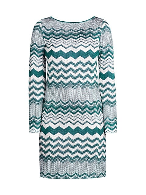 Knitted chevron stripes elevate this shift dress with boho visuals.; Roundneck; Long sleeves; Concea