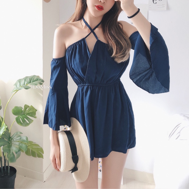 DoMiss沙灘度假一字交叉性感洋裝 雪紡洋裝 連衣裙 度假洋裝 海灘裙 平口洋裝 露肩洋裝 雪紡洋裝