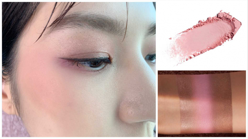 這個眼妝就是用#櫻花柔粉的左排3色眼影畫出來的。甚至臉上的腮紅也可選用同樣的粉色眼影來當頰彩，一物多用好划算。(圖／品牌提供、吳雅鈴攝影)