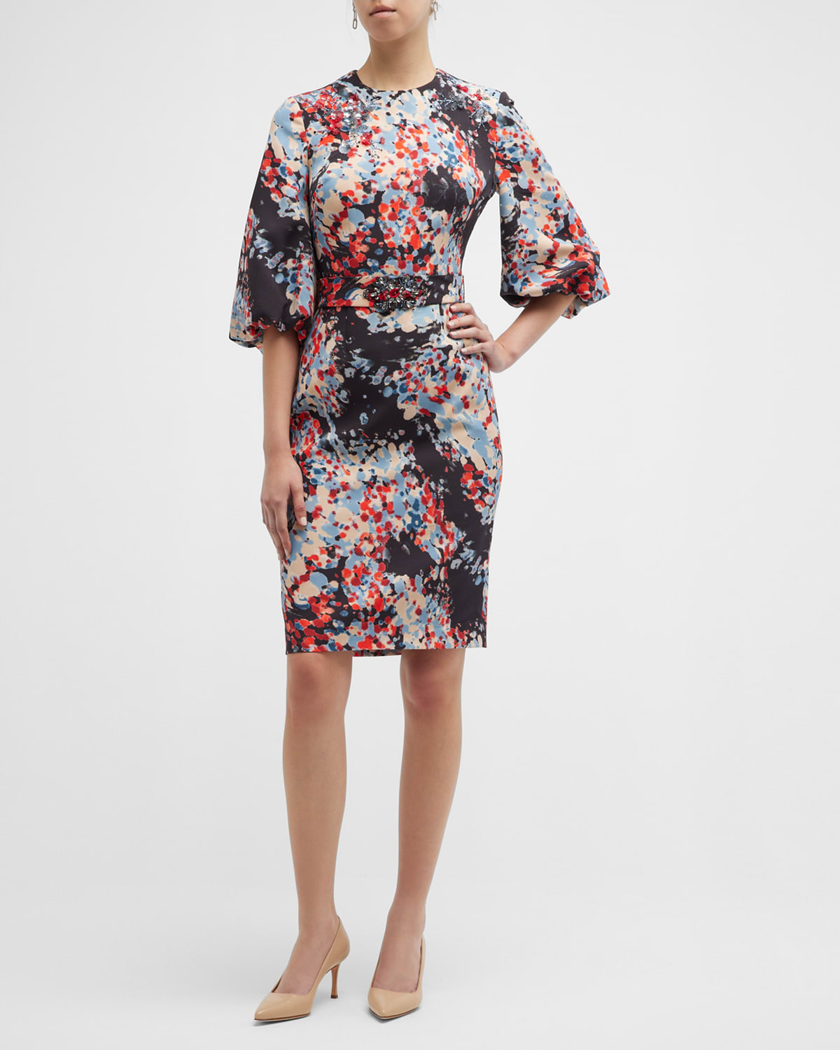 Beaded-Belt Printed Sheath Dress