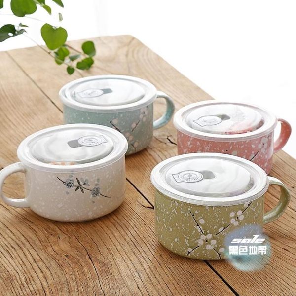 泡麵碗 大號日式便當盒帶蓋陶瓷碗泡面杯帶把手面碗可微波爐家用 4色