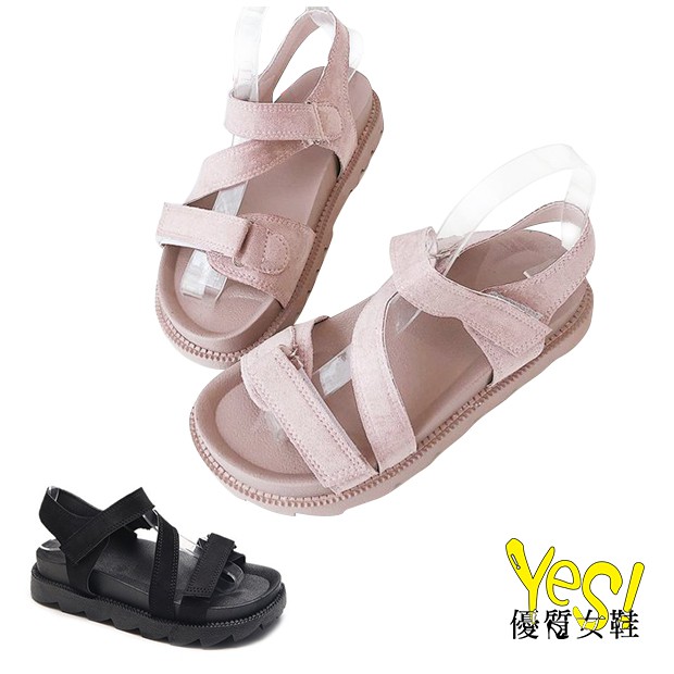 韓系百搭Q彈厚底交叉線條 魔術貼休閒運動涼鞋-粉/黑【Yes 優質女鞋】