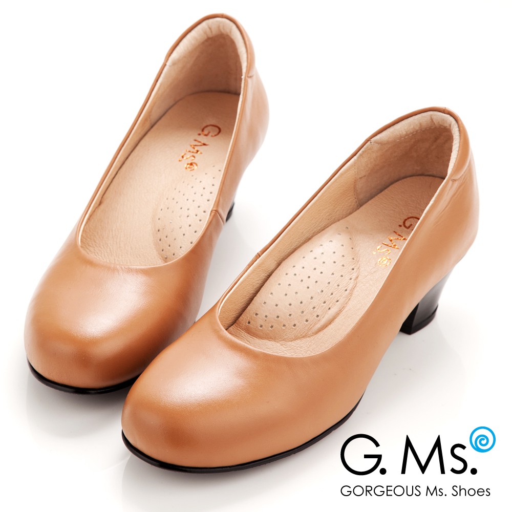 【G.Ms.】MIT系列‧通勤必備全真皮素面小粗跟鞋‧太妃駝