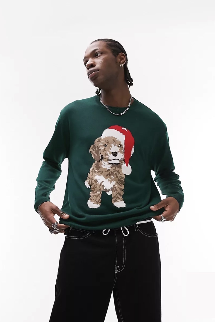 Topman knitted Christmas jumper with placement dog in light green