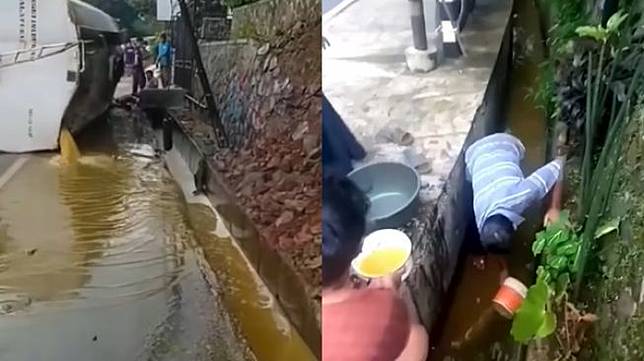 Truk Tangki Minyak Goreng Terguling, Warga Berdatangan Langsung Ambil Minyak  yang Tercecer di Selokan | Suara.com | LINE TODAY