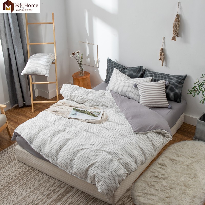 小白狐home 日系小格子床包組 雙人床包四件套 水洗棉床包 北歐格紋系列 粉色小格子 多尺寸 無印風