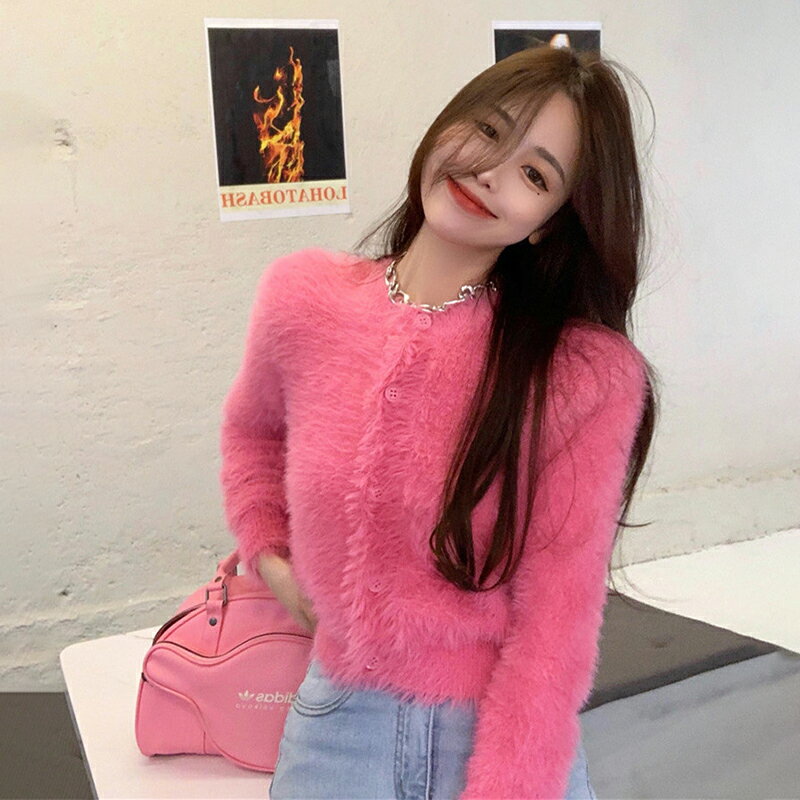 法式短款針織開衫女秋冬季新款寬松高比例海馬毛粉色毛衣外穿外套