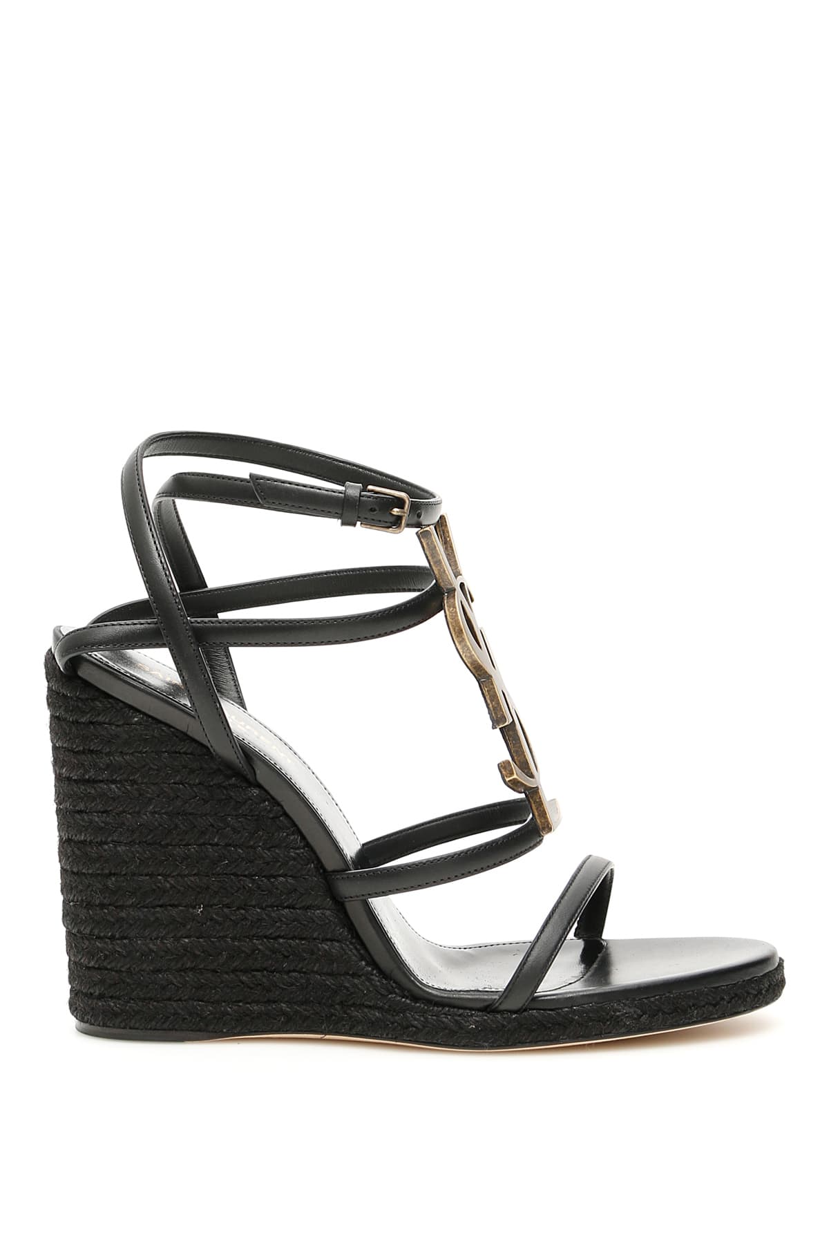 Saint Laurent leather sandals with the iconic interlocking YSL logo on the front. Ankle strap with s