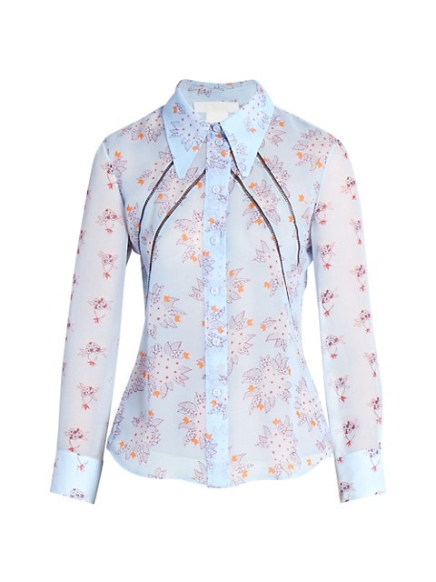A delicate floral print adds to the airy feel of this collared silk georgette blouse while contrasti