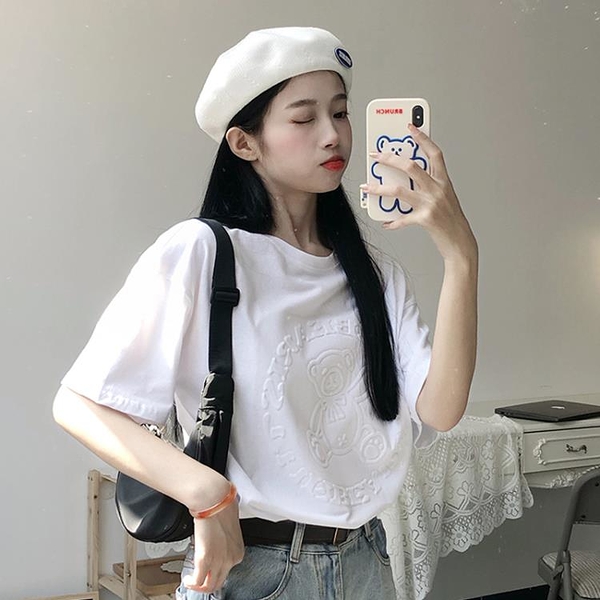 Pretty女裝設計感小眾立體小熊白女人的衣櫃色純棉短袖t恤女2022春季夏新款寬松上衣服