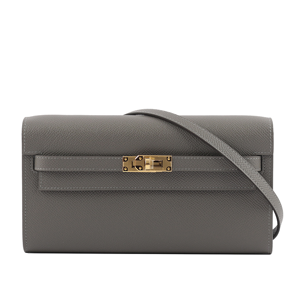【HERMES】金釦 Epsom皮 Kelly To Go 皮夾式斜背包(積雨雲灰) H080253CC0L