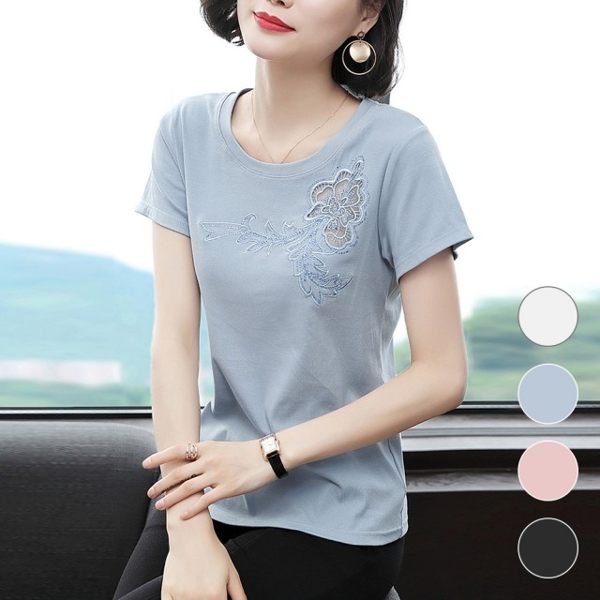 義大利裸網花刺繡棉彈輕膚短袖上衣104055#現貨 預購(4色)