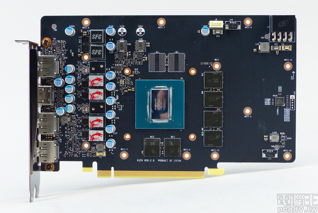 GeForce GTX 1660 Gaming X 6G 電路板正面一覽，右側留有不少的空白