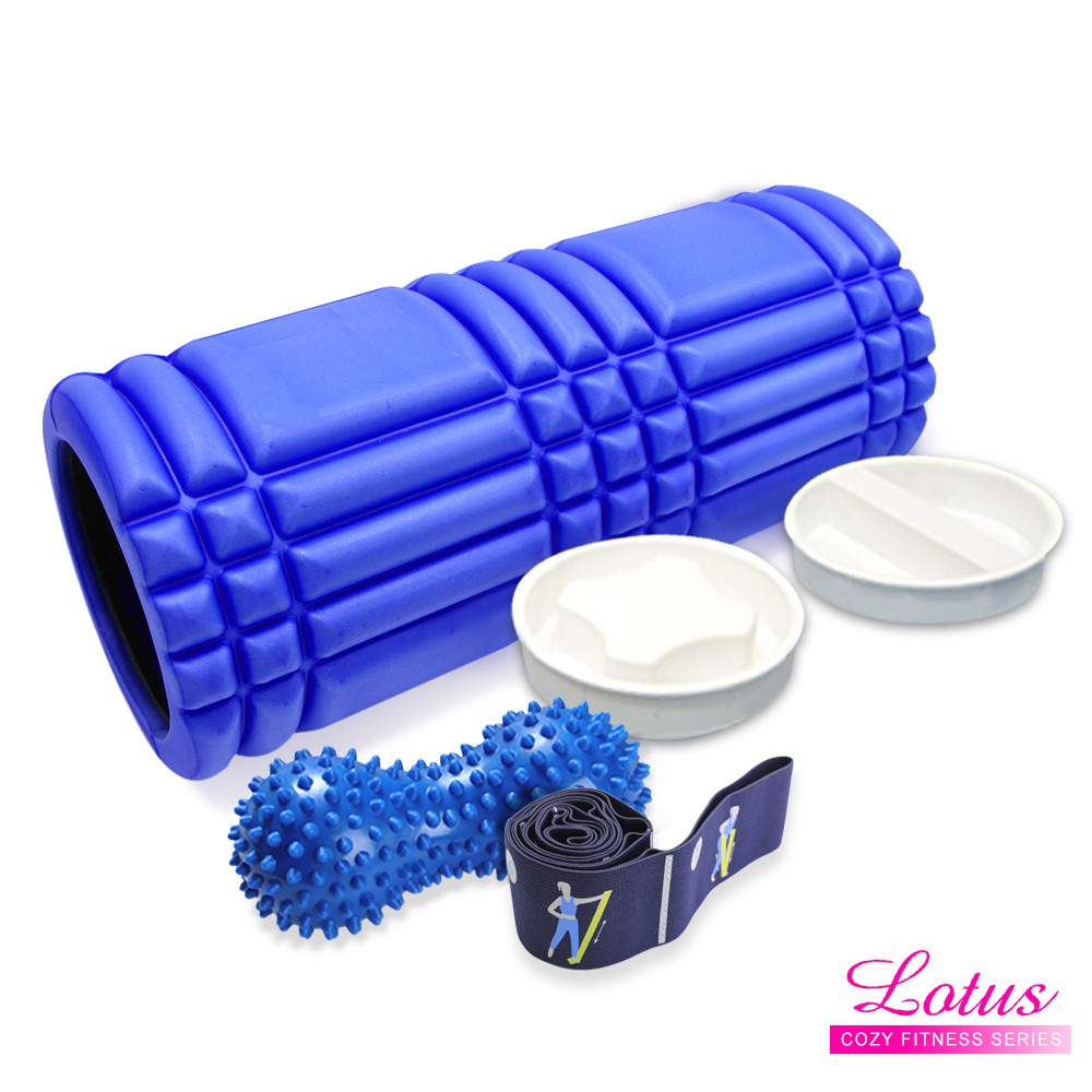 舒緩拉筋 必買四合一滾筒升級 一秒變身隨身置物箱滾滾花生 針對局部痠痛增加刺激瑜珈滾筒 針對大範圍舒緩放鬆防健忘小抄拉筋延展帶材 質：合成纖維 + 乳膠顏 色：藍色-身體按摩刺球材 質：環保PVC顏 