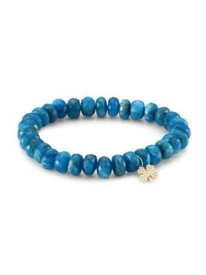 Tranquil teal blue apatite rondelle beaded bracelet finished with lucky diamond-studded four leaf cl