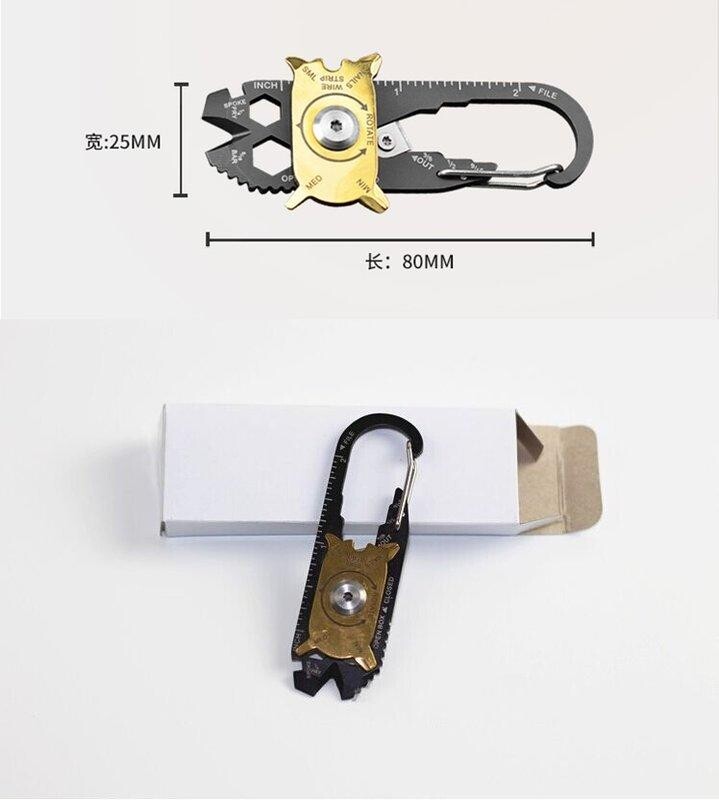 材質( 420不銹鋼 黑鈦烤漆k5鋼刀片 ) 規格約( 長85寬25mm ) 特點5種尺寸板手3種尺寸一字螺絲起子2種尺寸十字螺絲起子拔釘器剝線鉗修甲清潔刀指甲搓刀鋒利切割刀測量工具自行車幅條板手開瓶