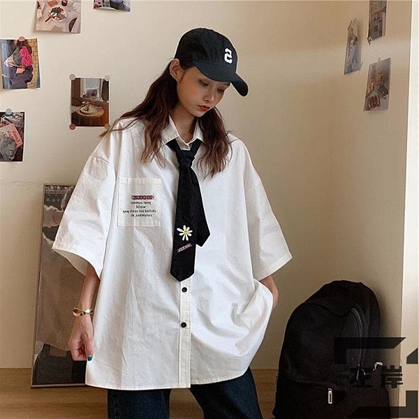 jk短袖襯衫女設計感小眾復古港味學生簡約寬松小雛菊領帶襯衣夏潮