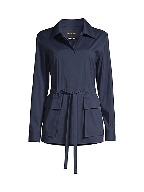 Versatile jacket with a drawstring waist and sleek look from a concealed button front.; Spread colla