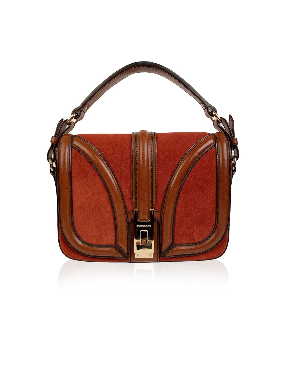 Burberry rust suede and leather 'Brickfield' shoulder bag. Flap closure with switchlock and magnetic