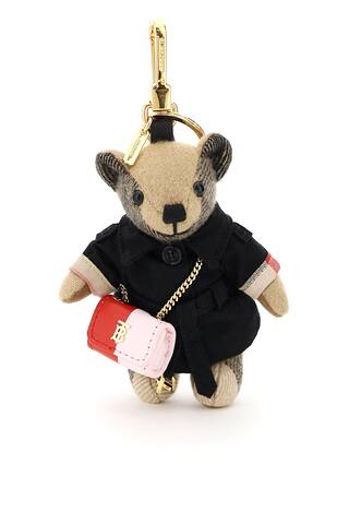 Burberry charm made up of a little teddy bear in Vintage Check cashmere fabric wearing a trench coat