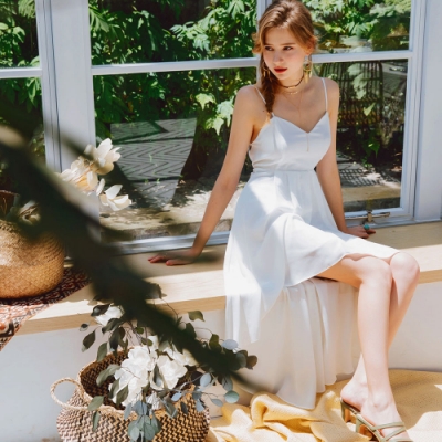 AIR SPACE 細肩桃心領美背綁帶雪紡洋裝(白)