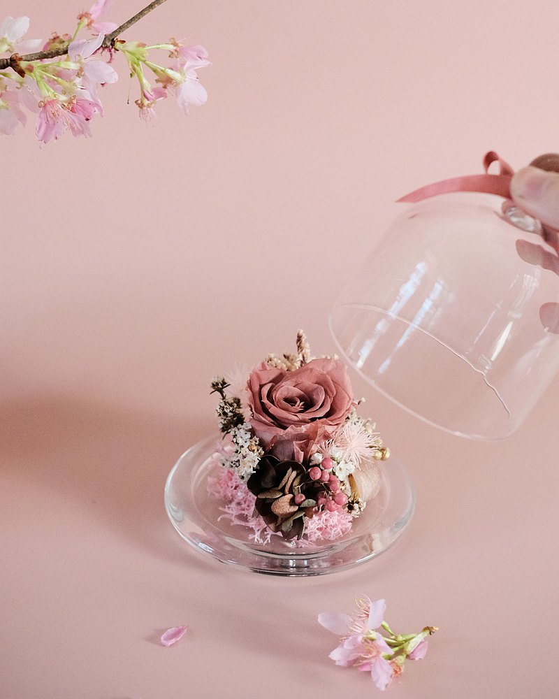 乾燥花/永生花豆沙粉玻璃盅/刻字/手寫卡片/生日禮物